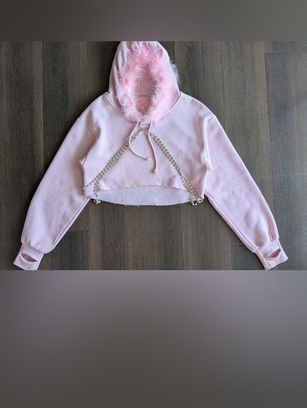 Sugar Thrillz sz. XS pink feather trim cropped hoodie